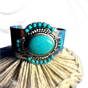 Silver Tone Turquoise Boho Bali Statement Bangle Bracelet